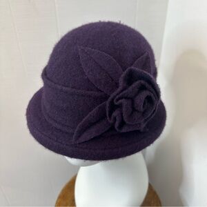 D&Y Deep Plum Wool Cloche Hat with Felt Rosette